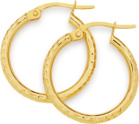 9ct+Gold+15mm+Diamond-Cut+Hoop+Earrings