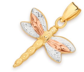 9ct-Gold-Tri-Tone-Hollow-Diamond-Cut-Dragonfly-Pendant on sale