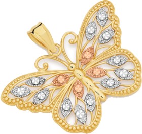 9ct+Gold+Tri+Tone+Filigree+Butterfly+Pendant