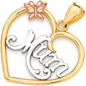 9ct+Gold+Tri+Tone+%26%23039%3BMum%26%23039%3B+Butterfly+Open+Heart+Pendant