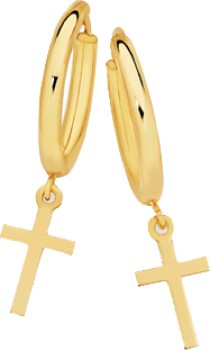 9ct+Gold+1.5x10mm+Hoop+Earrings+With+Cross+Drop