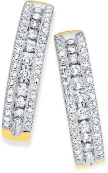 9ct+Gold+Diamond+Three+Row+Hoop+Earrings