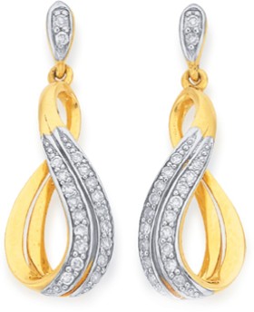 9ct+Gold+Diamond+Double+Row+Twist+Drop+Stud+Earrings