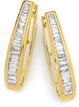 9ct+Gold+Diamond+Baguette+Cut+Huggie+Earrings