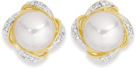 9ct+Gold+Cultured+Freshwater+Pearl+%26amp%3B+Diamond+Stud+Earrings