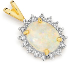 9ct+Gold+White+Opal+%26amp%3B+Diamond+Frame+Pendant