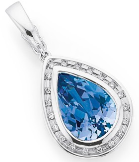 9ct+White+Gold+Created+Ceylon+Sapphire+%26amp%3B+Diamond+Pear+Shape+Pendant