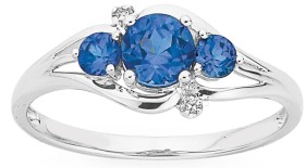 9ct-White-Gold-Created-Ceylon-Sapphire-Diamond-Trilogy-Ring on sale