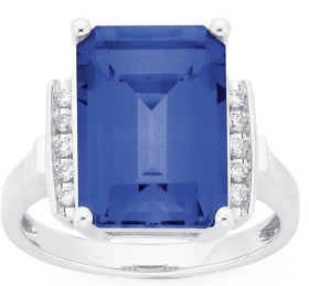 9ct+White+Gold+Created+Ceylon+Sapphire+%26amp%3B+Diamond+Ring