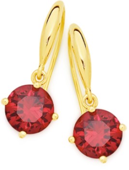 9ct+Gold+Created+Ruby+Round+Brilliant+Cut+Hook+Earrings