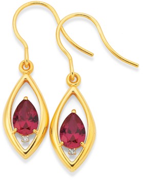 9ct+Gold+Created+Ruby+%26amp%3B+Diamond+Teardrop+Earrings