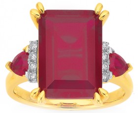 9ct+Gold+Created+Ruby+%26amp%3B+Diamond+Emerald+Cut+Dress+Ring