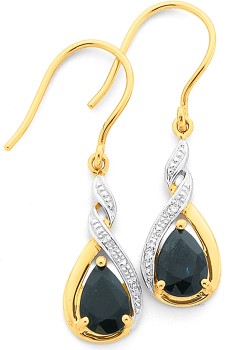 9ct+Gold+Sapphire+%26amp%3B+Diamond+Drop+Earrings