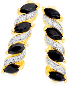 9ct+Gold+Black+Sapphire+%26amp%3B+Diamond+Swirl+Hoop+Earrings