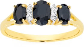 9ct+Gold+Black+Sapphire+%26amp%3B+Diamond+Oval+Cut+Trilogy+Dress+Ring