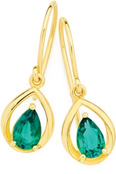 9ct-Gold-Created-Emerald-Hook-Earrings on sale