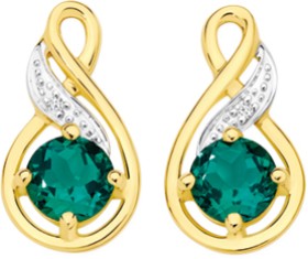 9ct+Gold+Created+Emerald+%26amp%3B+Diamond+Earrings