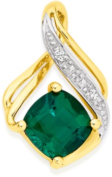 9ct+Gold+Created+Emerald+%26amp%3B+Diamond+Swirl+Pendant