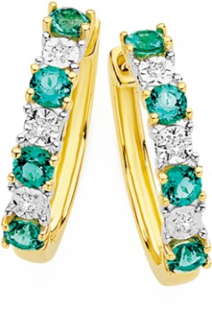 9ct+Gold+Created+Emerald+%26amp%3B+Diamond+Huggie+Earrings