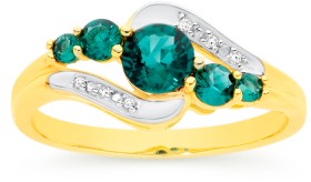 9ct+Gold+Created+Emerald+%26amp%3B+Diamond+Ring