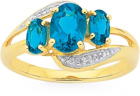 9ct+Gold+London+Blue+Topaz+%26amp%3B+Diamond+Trilogy+Ring