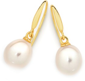 9ct+Gold+Cultured+Freshwater+Pearl+Hook+Earrings