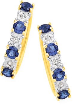 9ct+Gold+Created+Ceylon+Sapphire+%26amp%3B+Diamond+Huggie+Earrings