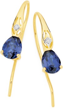 9ct+Gold+Created+Sapphire+%26amp%3B+Diamond+Hook+Earrings