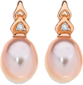 9ct+Rose+Gold+Pink+Cultured+Freshwater+Pearl+and+Diamond+Earrings