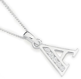 Sterling+Silver+Cubic+Zirconia+Initial+A+Letter+Pendant