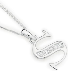 Sterling+Silver+Cubic+Zirconia+Block+Initial+S+Pendant