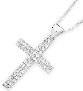 Sterling+Silver+25mm+Pave+Cubic+Zirconia+Square+End+Cross+Pendant