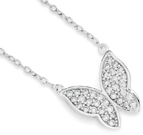 Sterling+Silver+35%2B5cm+Pave+Cubic+Zirconia+Butterfly+Necklet