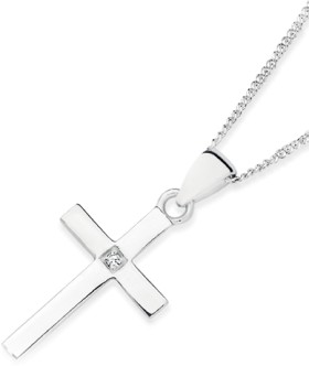 Sterling+Silver+20mm+Single+Cubic+Zirconia+Fine+Cross+Pendant