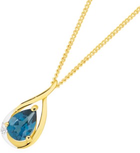 9ct+Gold+London+Blue+Topaz+with+Diamond+Teardrop+Pendant