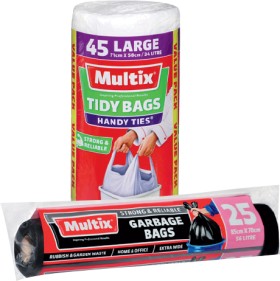 Multix-Handy-Ties-Tidy-Bags-Large-45-Pack-Medium-50-Pack-or-Garbage-Bags-56-Litre-25-Pack on sale