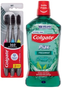 Colgate-Plax-Mouthwash-1-Litre-Toothbrush-360-Charcoal-3-Pack-Bamboo-or-Optic-White-Charcoal-2-Pack-Selected-Varieties on sale