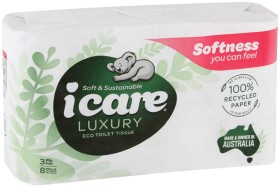 icare-Luxury-100-Recycled-Paper-Toilet-Tissue-3-Ply-8-Pack on sale