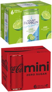 Coca-Cola+Soft+Drink+or+Mt+Franklin+Lightly+Sparkling+Mini+Cans+6x250mL