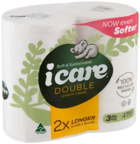 icare+Double+Length+Toilet+Tissue+3+Ply+4+Pack