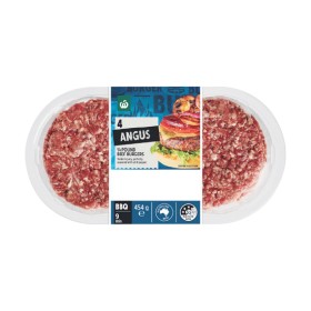 NEW+Woolworths+Australian+Angus+1%2F4+Pound+Beef+Burgers+454g+Pk+4