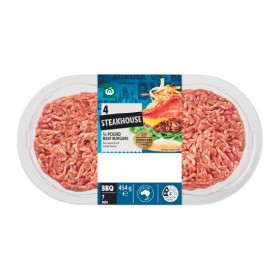 NEW+Woolworths+Australian+Steakhouse+1%2F4+Pound+Beef+Burgers+454g+Pk+4