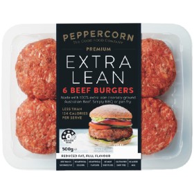 Peppercorn+Extra+Lean+Beef+Burgers+or+Sausages+450-500g