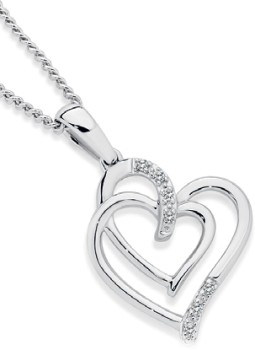 9ct+White+Gold+Diamond+Double+Linked+Heart+Pendant