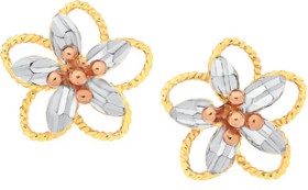 9ct+Gold+Tri+Tone+Flower+Stud+Earrings