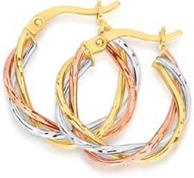 9ct+Tri+Tone+Gold+12mm+Open+Plait+Hoop+Earrings