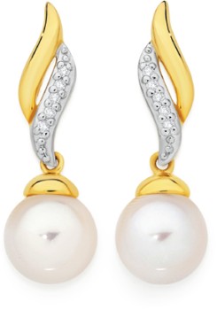 9ct+Gold+Cultured+Freshwater+Pearl+%26amp%3B+Diamond+Drop+Stud+Earrings