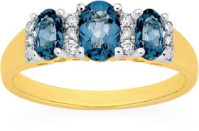 9ct-Gold-London-Blue-Topaz-Diamond-Oval-Trilogy-Ring on sale