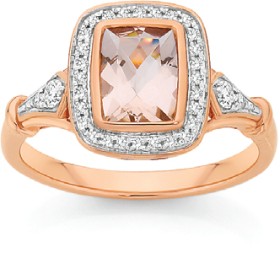 9ct+Rose+Gold+Morganite+%26amp%3B+Diamond+Deco+Style+Ring