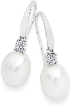 Sterling+Silver+8x8.5mm+Cultured+Freshwater+Pearl+%26amp%3B+Cubic+Zirconia+Drops